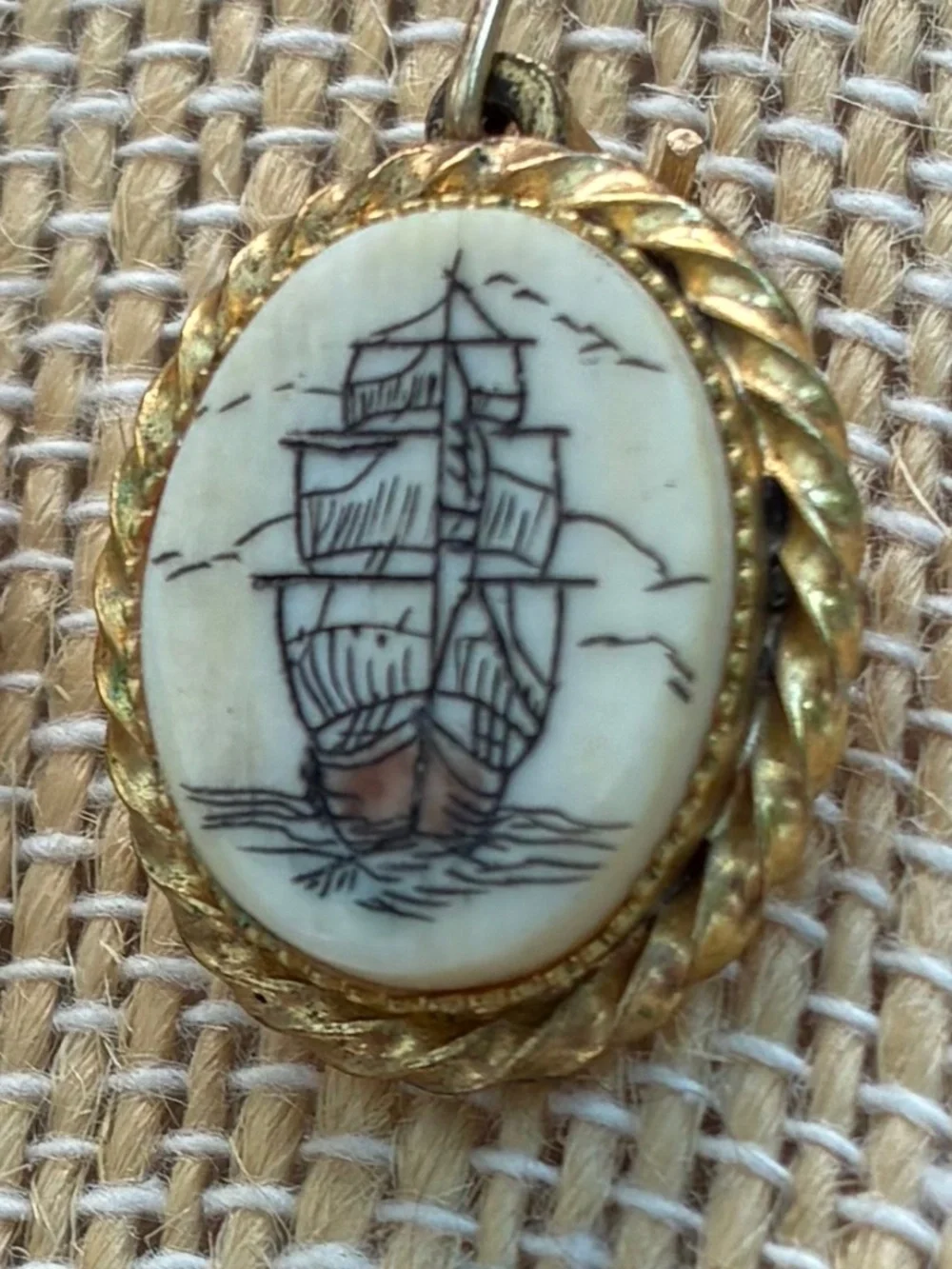 Vintage Gold-Tone Scrimshaw Nautical Ship Dangle Earrings